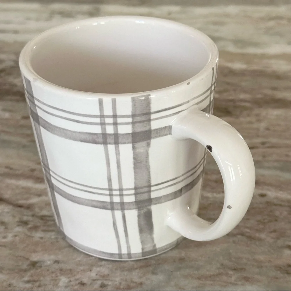 Pier 1 White and Grey Checkered Plaid Ironstone China Mug